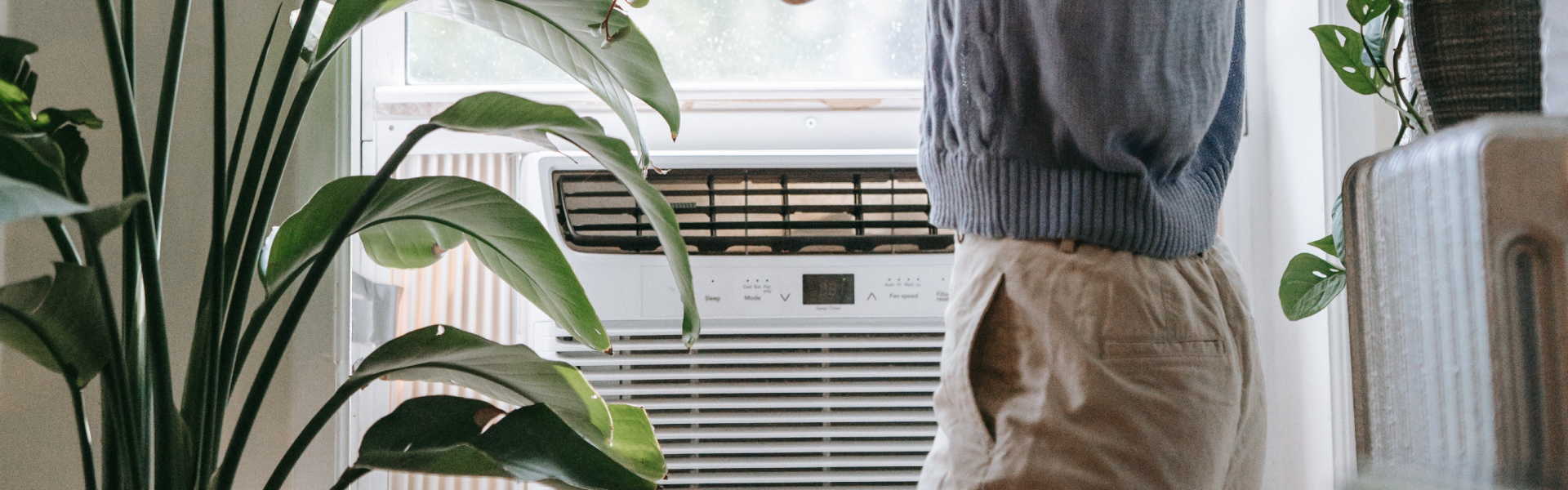 Eine Person steht vor einer Elektro-Speicherheizung in einer hellen Wohnung mit Zimmerpflanzen.